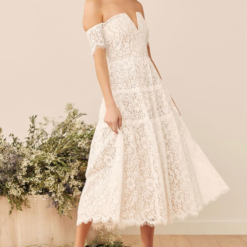 White Lace Off-the-Shoulder Midi Dress